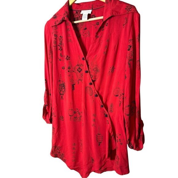 Soft Surroundings Red Pagoda Asian Wrap Button Tunic sz M - Picture 3 of 7